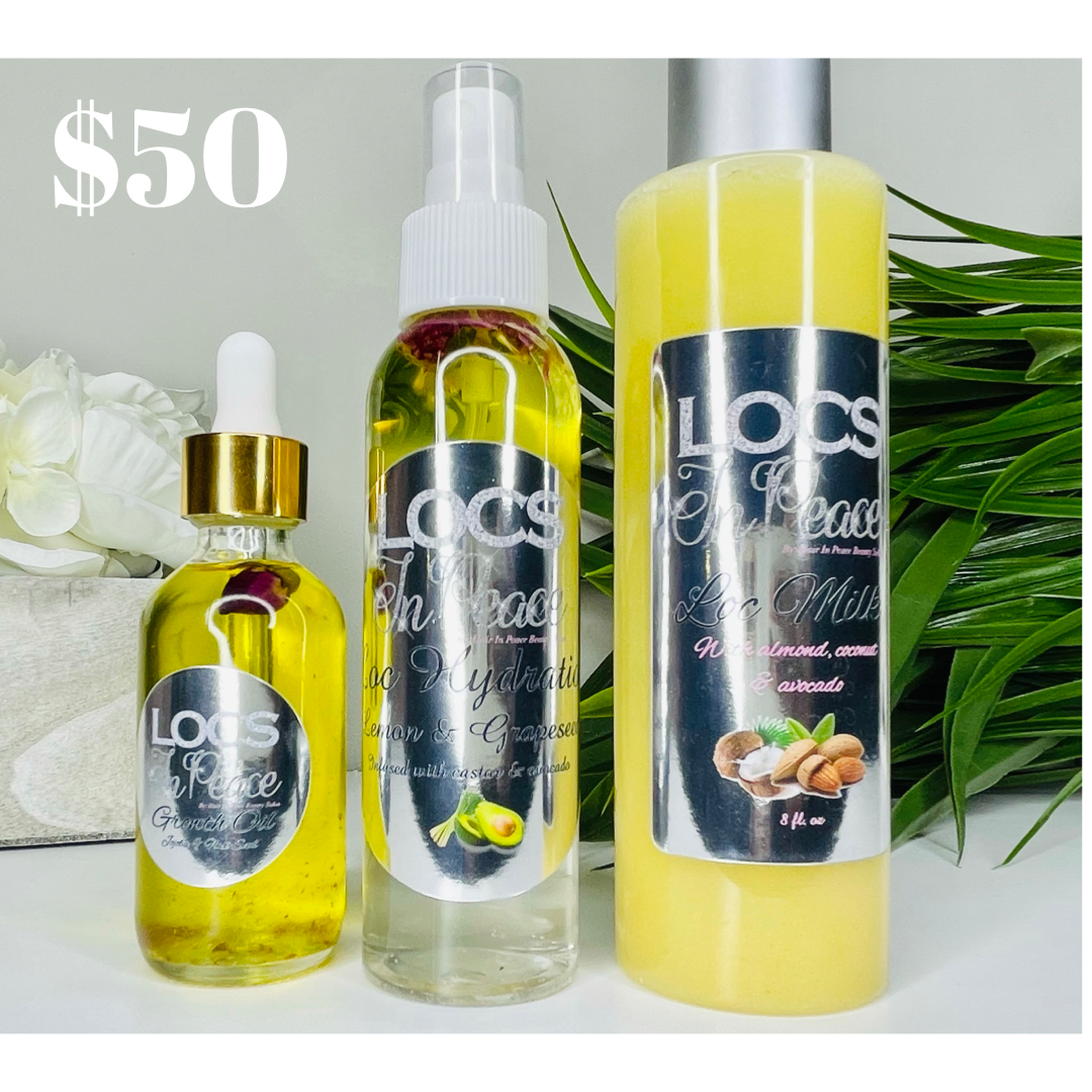 2oz. Growth Oil, 4oz Loc Hydration & 8oz Loc Milk. 



Please specify in the notes your choice. 

Choice of Growth Oil: Lavender or Flax Seed. (Infused W/ Cedarwood & Horsetail)

Choice of Loc Hydration: Lemon & Grape Seed,  Rosemary & Mint, & or Eucalyptus or Lavender & Rose.   

Choice of Loc Milk Additive: Lemon & Grape Seed,   Rosemary & Mint, & or Eucalyptus or Lavender & Rose.